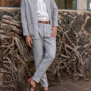 Alex Crane Mens Cham Pants Lines Sz 34x30 Grey White Resort Vacation 100% Linen